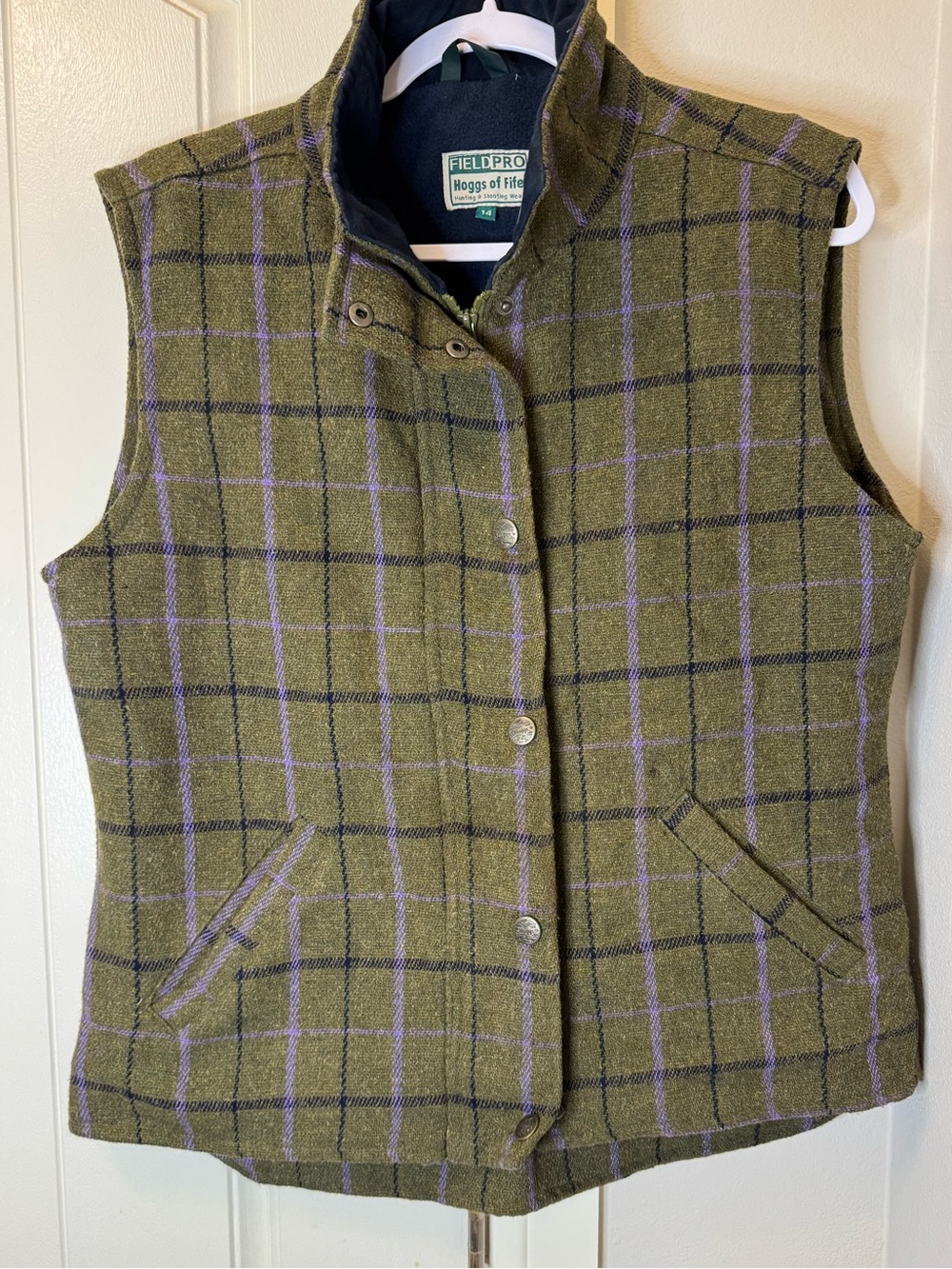 Hoggs of Fife Olive Plaid Wool Vest with Purple Check